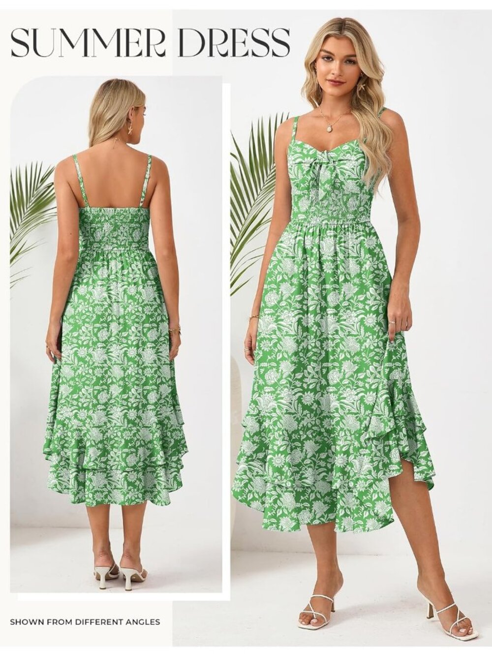 Women's Green And White Boho Floral Maxi Sundress Beach Dress With Pockets - Picture 2 of 6